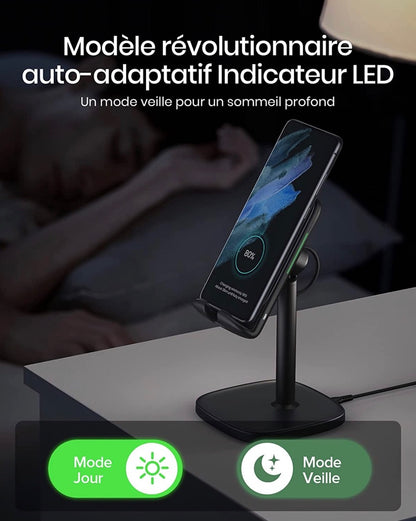 Chargeur Induction, 15W Certifié Qi Charge Rapide à Double Bobine, Lumière Adaptative Facile à Dormir, Chargeur sans Fil pour iPhone 13 12 11 8 Pro Max XR XS X Samsung S22 S21 S20 LG, Noir