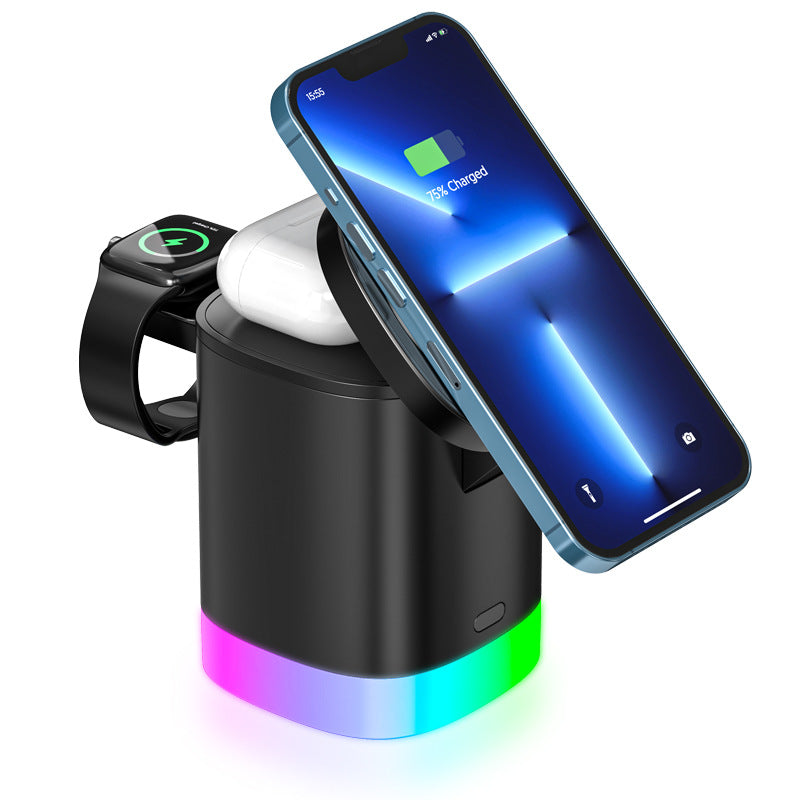 Chargeur rapide sans fil magnétique 3 en 1 pour téléphone intelligent Station de charge de lumière ambiante RVB pour Airpods IWatch