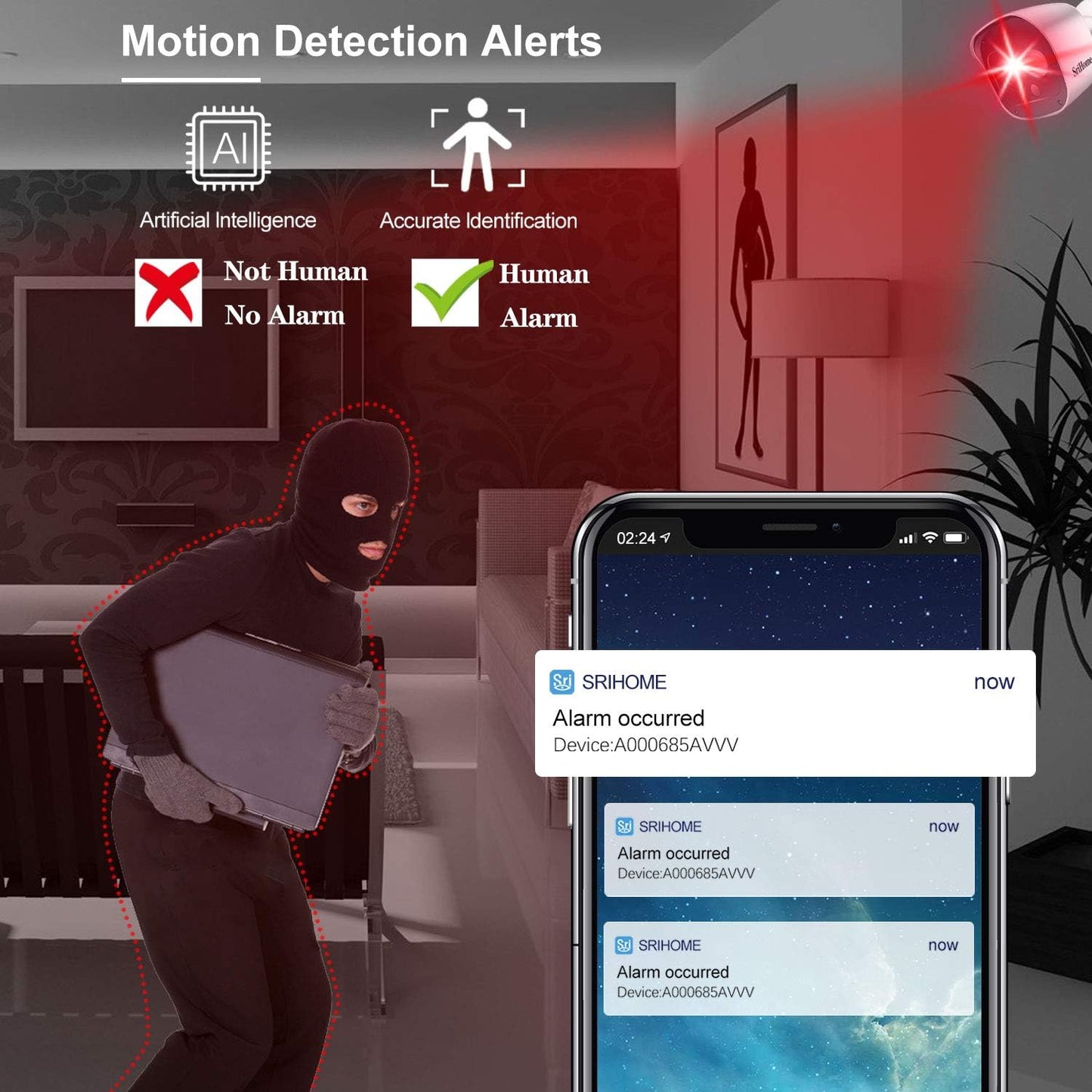 SriHome Caméra de surveillance Wi-Fi pour intérieur ou extérieur, résolution de 1296p, avec détecteur de mouvement, audio bidirectionnel, vision nocturne, indice d’étanchéité IP66