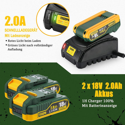 Visseuse sans fil TECCPO 18 V, 45 Nm, 2 batteries 2000 mAh et 105 accessoires, chargeur rapide, 21 + 3 niveaux de couple, 2 vitesses, mallette à outils portable - BHD700B