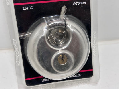 Cadenas en acier inoxydable Forme ronde 70 mm grande Distribution gâteau Lock entrepôt Porte Disc Chaîne antivol Serrure avec 2 clés