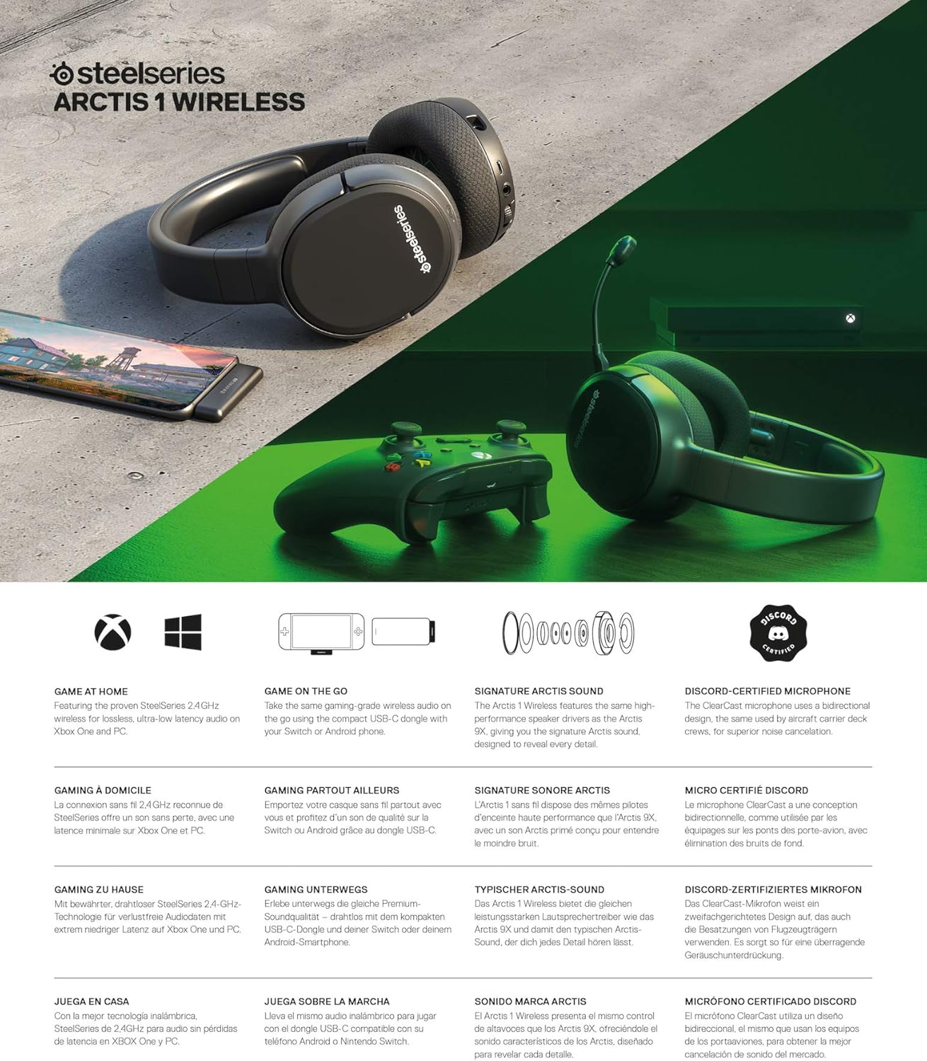 SteelSeries Arctis 1 Wireless pour Xbox - Casque de jeu sans fil - USB-C sans fil - Microphone Clearcast amovible - Pour Xbox, PS4, Nintendo Switch, Android (Xbox Series X|S|One), Noir