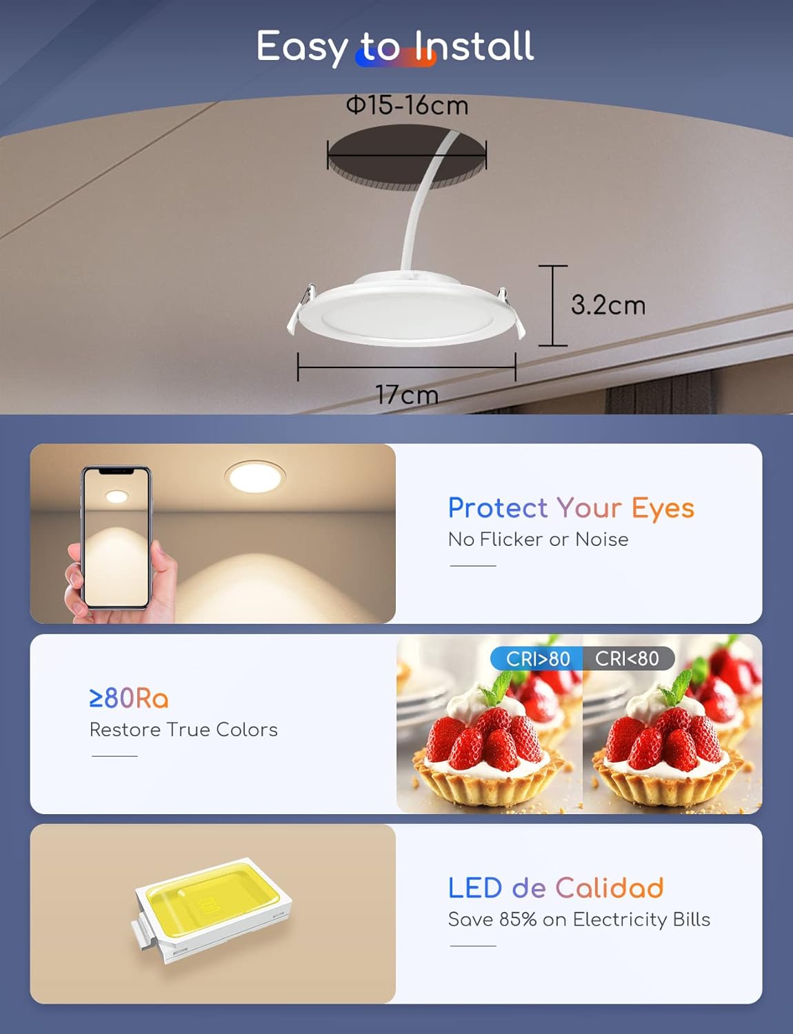Aigostar Spots LED Encastré 12W Plafonnier Encastré Dimmable, couleur blanc chaud/froid intesité variable. 820lm, 3000-6500K