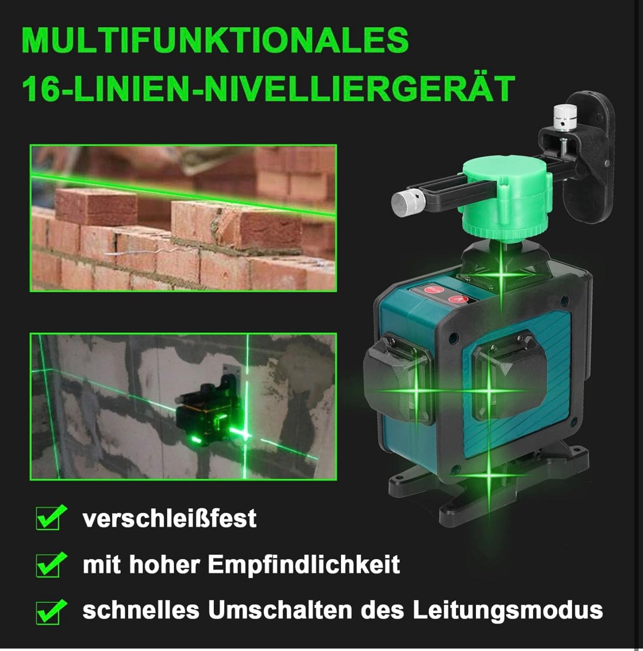 Laser lignes croisées avec trépied 4x360° 16 lignes laser lignes croisées 3 ° autonivelant avec support trépied,2 * 2400 mAh batteries et télécommande,support mural,cadre de levage