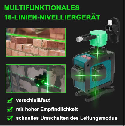 Laser lignes croisées avec trépied 4x360° 16 lignes laser lignes croisées 3 ° autonivelant avec support trépied,2 * 2400 mAh batteries et télécommande,support mural,cadre de levage