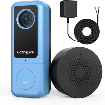 Sonnette vidéo GazingSure - Sonnette de sécurité WLAN 2K avec caméra et carillon, transmission en temps réel, détection de mouvement, résistance aux intempéries IP65, compatible avec Alexa et Google Assistant