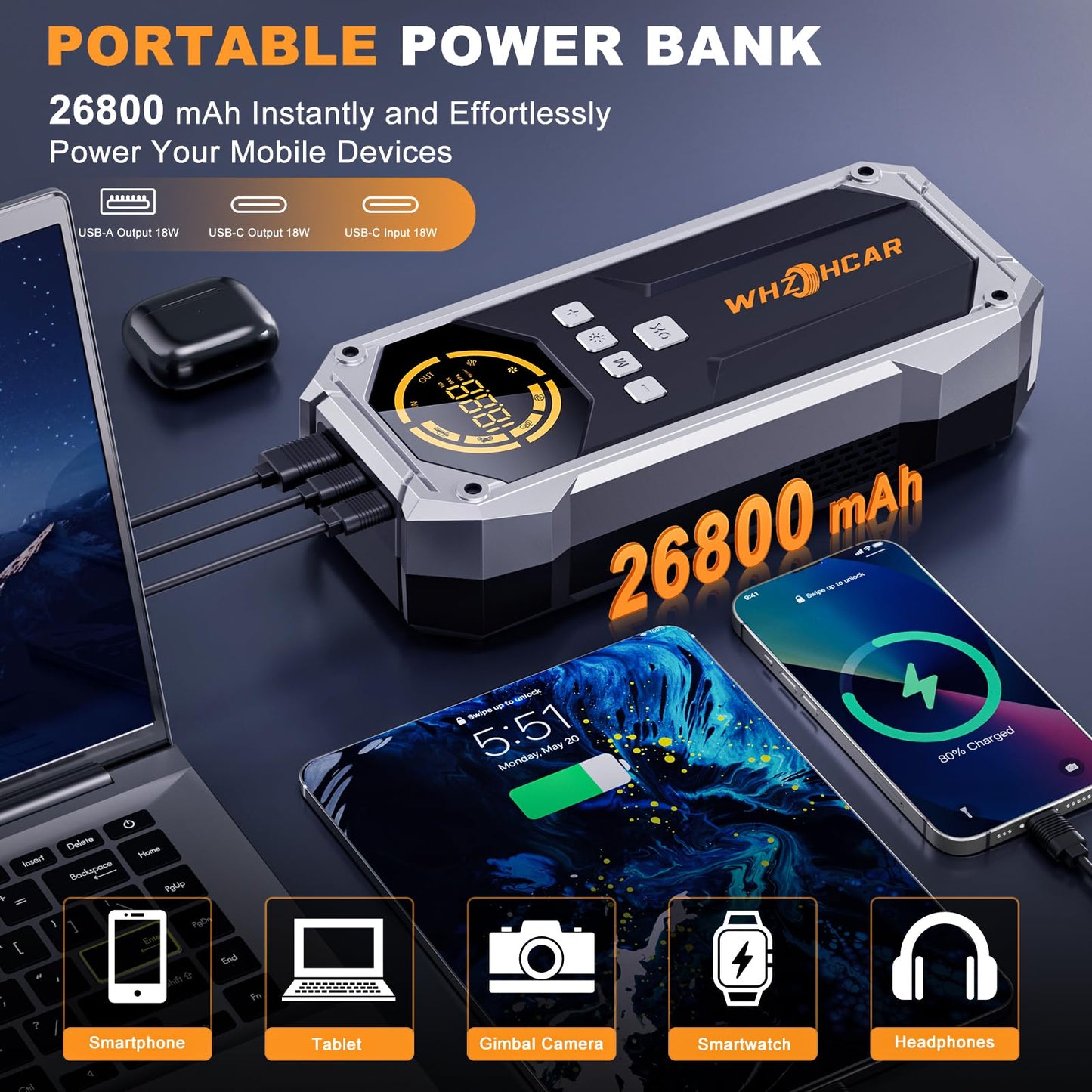 Booster Batterie Voiture 150PSI Compresseur d’Air Booster Batterie Voiture Puissant 12V Jump Starter pour Véhicule Pack avec Power Bank Pinces de Sûreté Intelligentes Lampe à LED