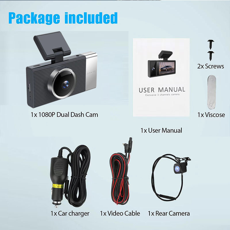 Dash cam, caméra embarquée Enregistreur de conduite WIFI Trois lentilles Téléphone portable APP Interconnexion Vision nocturne Grand angle