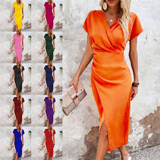 Robe "Lumina-Split" – Coupe Ajustée, Col en V Croisé & Fente Latérale Séduisante