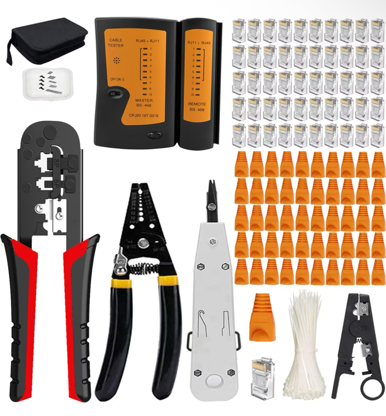 RJ45 Outils Kit Réseau Professionnel Pince à Sertir RJ12 RJ11 CAT5 CAT6 Cirmpature pour Câbles Réseau Entretien Kit LAN Testeur de Câble Outils de Réparation (Noir