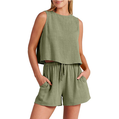 Ensemble pour femmes d'été sans manches et shorts à cordon de serrage Costume de mode 2pcs