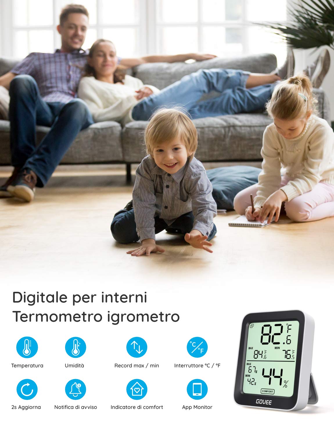 Govee Thermomètre Hygromètre Intérieur 2 Pièces, Petit Moniteur Mini Numérique à Haute Précision Capteur Humidité Température, LCD Bluetooth Stockage Données Maison Chambre Frigo Cave Garage Serre