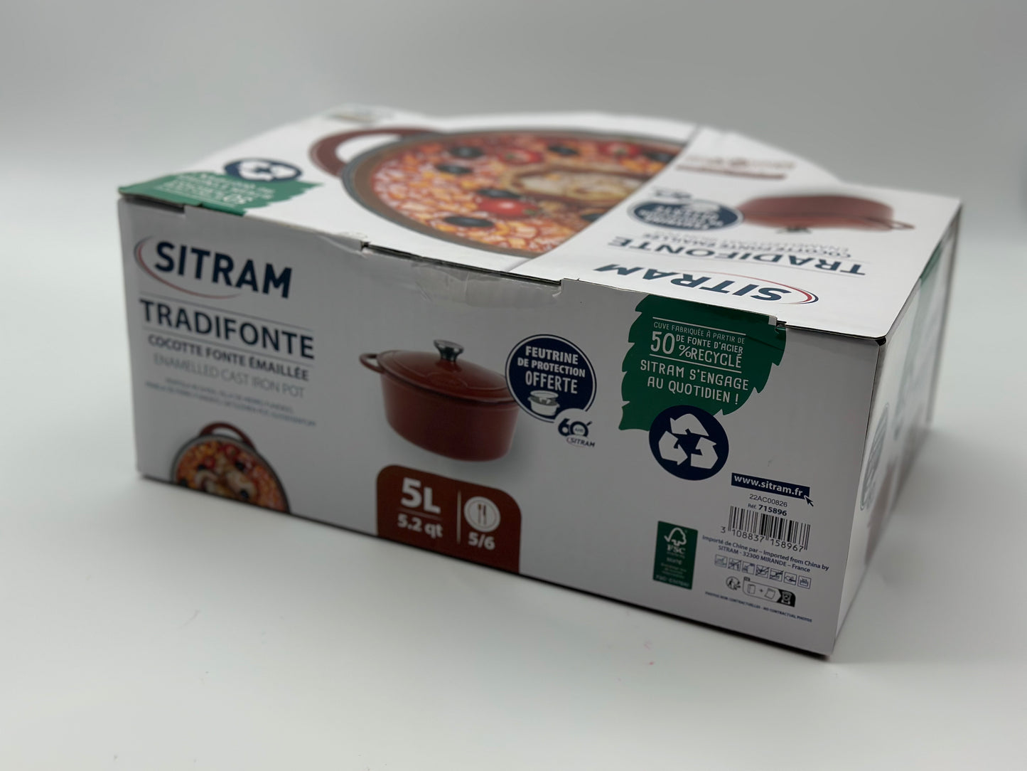 SITRAM Cocotte induction fonte émaillée recyclée ronde 5 L bleu/rouge 25 x 12 cm neuve
