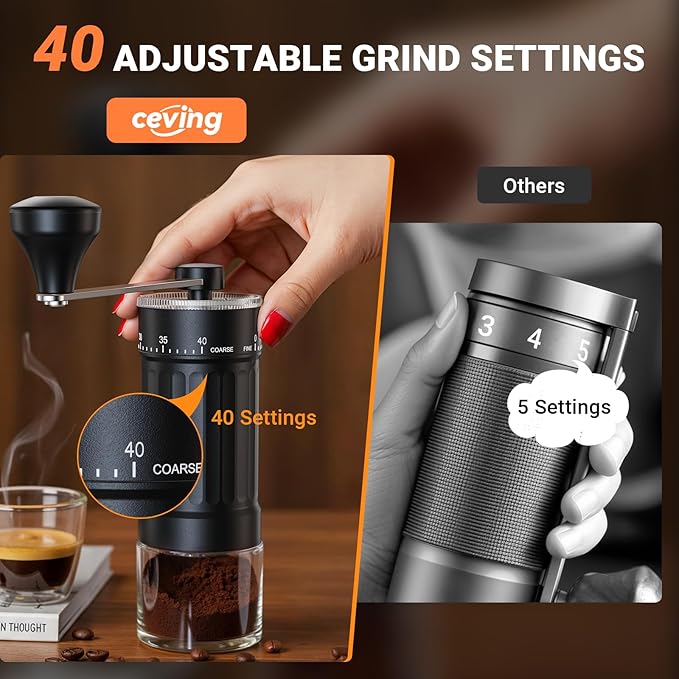 Mini Moulin à Café Manuel avec 40 Réglages Ajustables, Moulin Manuel Café Portable à Main avec Capacité de 30g, Broyeur à Meule Conique avec Manivelle pour Voyage, Camping, Bureau, Espresso, Pour Over