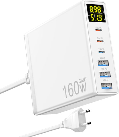 Chargeur Rapide USB C, 160W GaN 6-Port avec LED Display, Chargeur Secteur Multiple avec 3 USB-C et 3 USB-A PPS PD 3.0 für Macbook Pro/Air Laptop iPhone iPad Samsung