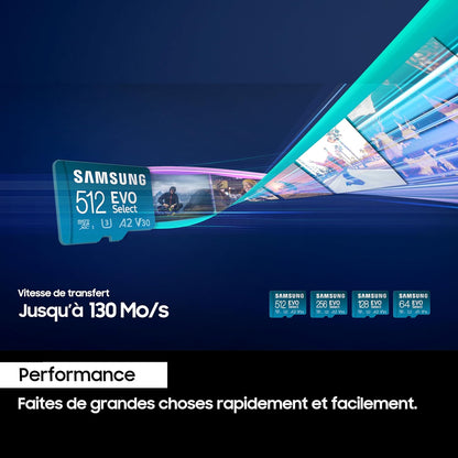 Samsung Evo Select Carte mémoire microSDXC UHS-I U3 130 Mo/s Full HD & 4K UHD avec Adaptateur SD (MB-ME512KA/EU) 512 Go