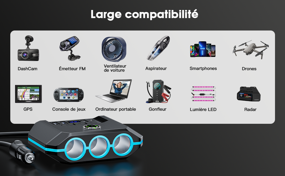Multiprise Allume Cigare 240W Allume Cigare USB avec Voltmètre LED et Interrupteur,3 Prise Chargeur Allume Cigare USB Rapide,12V/24V Chargeur Voiture USB C pour Voyage Famille