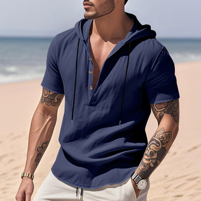 Chemise Henley "Breeze-Hood" – Lin Respirant, Manches Courtes & Capuche Ajustabl
