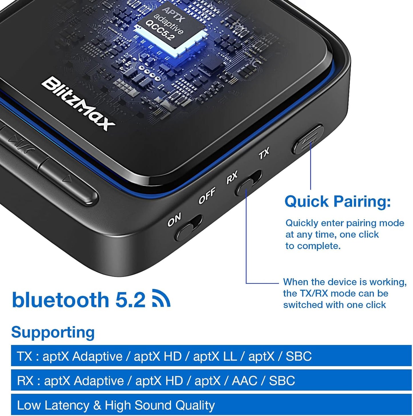 Adaptateur Bluetooth 5.2, récepteur émetteur, Faible Latence et HD, Double Connexion, Sortie Optique numérique AUX + RCA + 3,5 mm, pour TV/Haut-Parleur/stéréo Domestique/Ordinateur Portable
