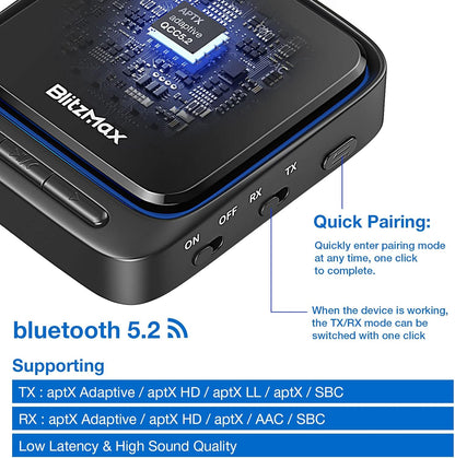 Adaptateur Bluetooth 5.2, récepteur émetteur, Faible Latence et HD, Double Connexion, Sortie Optique numérique AUX + RCA + 3,5 mm, pour TV/Haut-Parleur/stéréo Domestique/Ordinateur Portable
