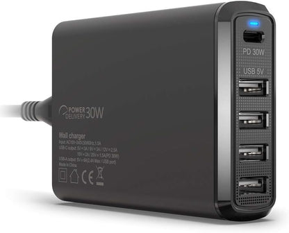 Omars Chargeur Secteur USB 60W Total avec 5 Sortie, 1xUSB-C PD 30W et 4xUSB-A 5V 2.4A Chaque, Chargeur Mural Adaptateur Prise Compatible avec MacBook Switch MateBook iPad Pro iPhone 11 XS Max XS XR X