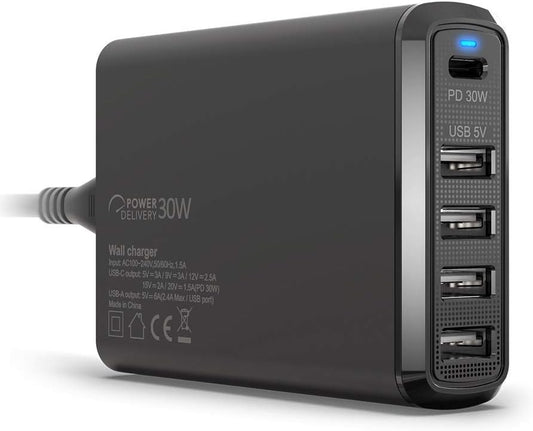 Omars Chargeur Secteur USB 60W Total avec 5 Sortie, 1xUSB-C PD 30W et 4xUSB-A 5V 2.4A Chaque, Chargeur Mural Adaptateur Prise Compatible avec MacBook Switch MateBook iPad Pro iPhone 11 XS Max XS XR X