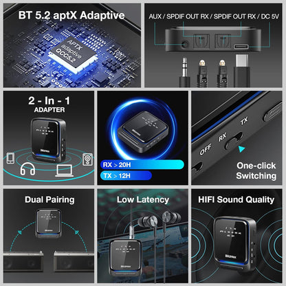 Adaptateur Bluetooth 5.2, récepteur émetteur, Faible Latence et HD, Double Connexion, Sortie Optique numérique AUX + RCA + 3,5 mm, pour TV/Haut-Parleur/stéréo Domestique/Ordinateur Portable