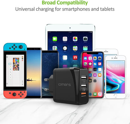 Omars Chargeur USB Secteur 30W, 1 x USB Quick Charge 3.0 & 2 x USB 5V 2.4A Total, Chargeur Mural Universel pour Samsung Galaxy S8 S8+ Note 8, HTC 10, LG G5 G6 Charge Rapide, iPhone X 8 8 Plus (Noir)