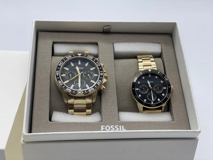 Coffret Montre Fossil Homme & Femme Acier Inoxydable Dorée Multifonctions Neuves