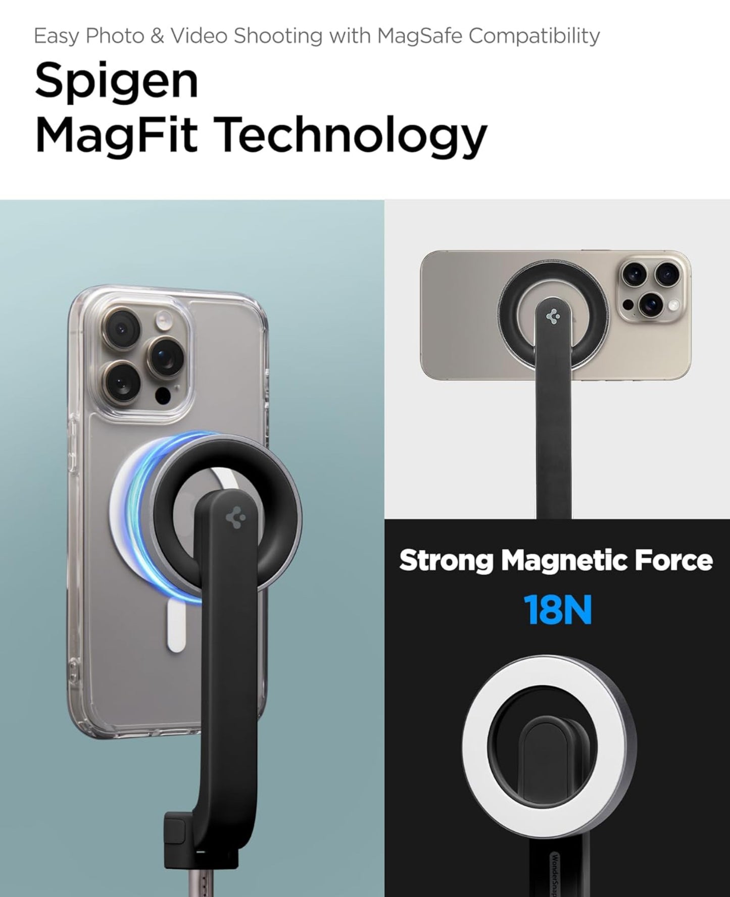 Spigen Perche à Selfie Wondersnap MagFit Trépied Smartphone Bâton Selfie Portable Télescopique pour iPhone, Galaxy, Pixel, Xiaomi, Huawei, GoPro - Noir