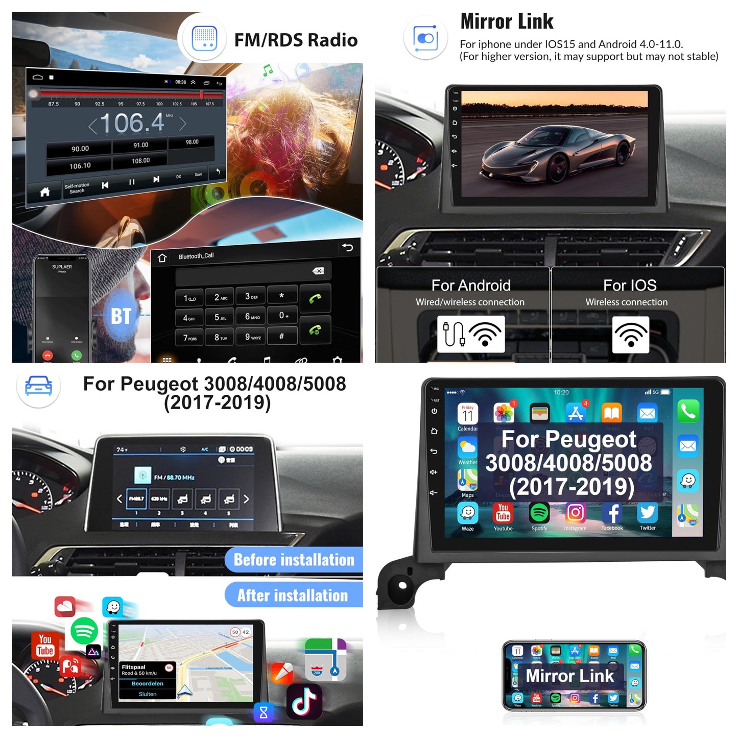 Autoradio Android pour Peugeot 5008/4008/3008 2017-2020, CarPlay/androide auto GPS Navigation