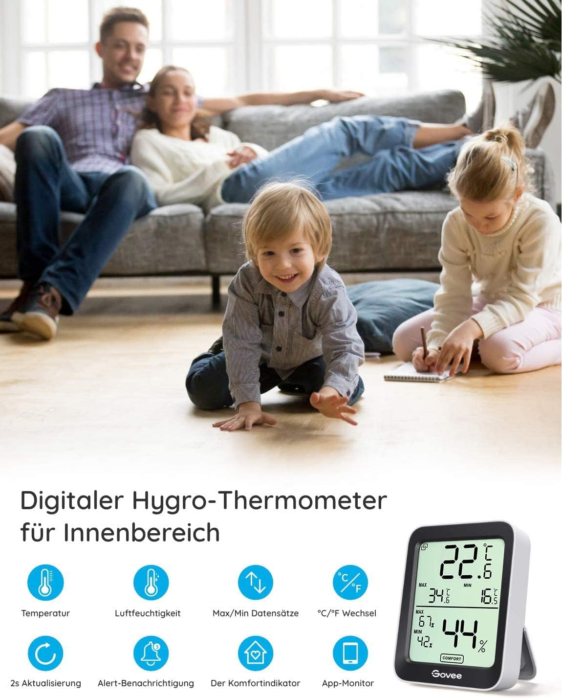 Thermomètre Hygromètre Intérieur, LCD Numérique Température Hygromètre avec Alarme de Notification, Thermo-Hygromètre précis avec APP, Stockage de Données pour Serre Cave à Vin