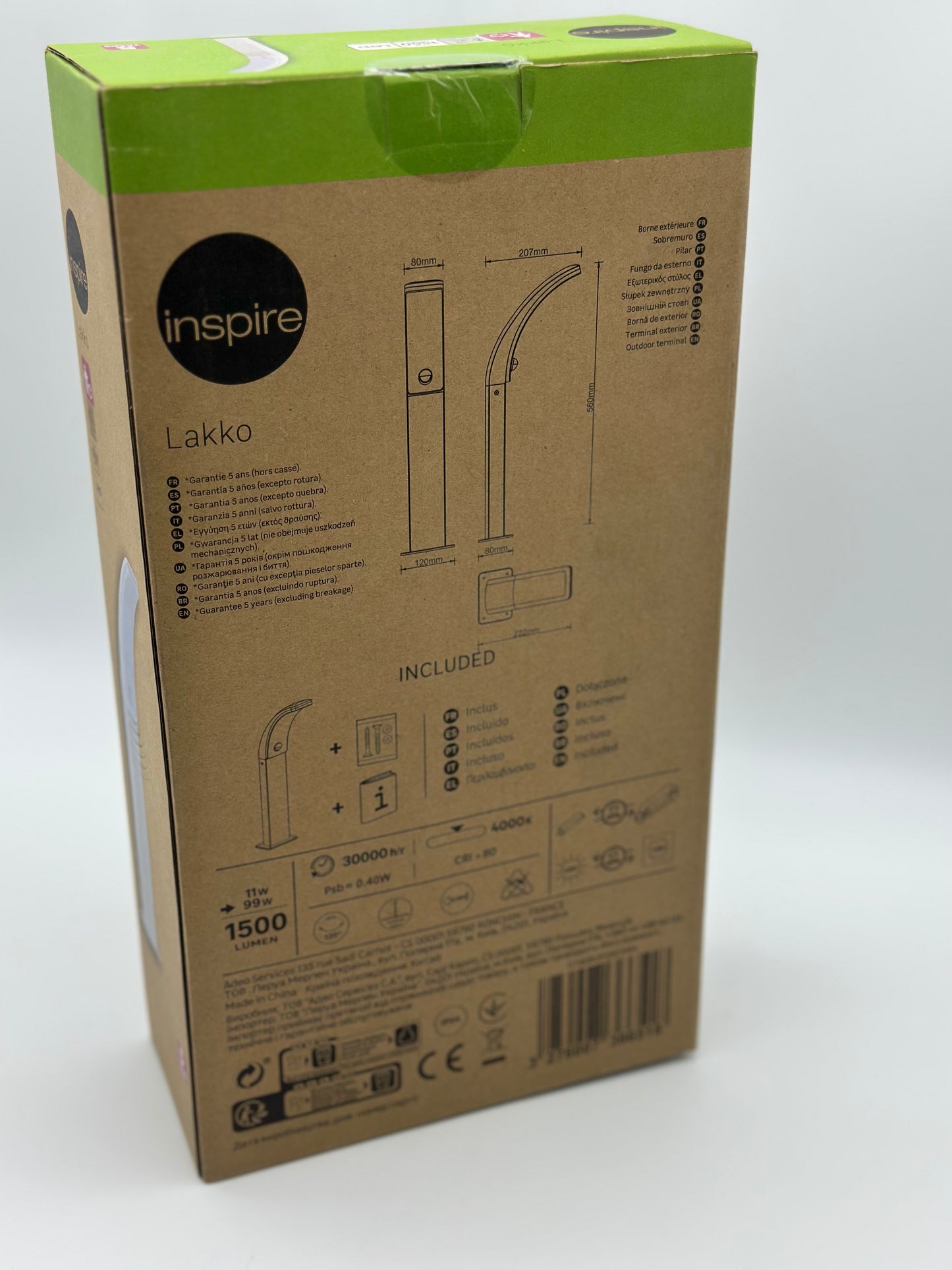 Borne extérieure Led à détection Lakko, 1500 Lumens, blanc INSPIRE