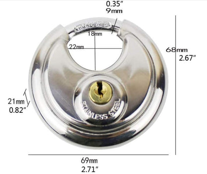 Cadenas en acier inoxydable Forme ronde 70 mm grande Distribution gâteau Lock entrepôt Porte Disc Chaîne antivol Serrure avec 2 clés