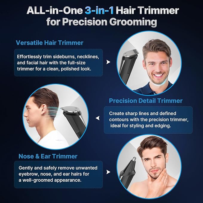 Tondeuse Cheveux Hommes, Tondeuse Barbe Homme Charge USB, Tondeuse à Nez, Tondeuse Cheveux Professionnelle de Précision Kit 3 en 1 avec 9 Accessoires de 1 à 16 mm