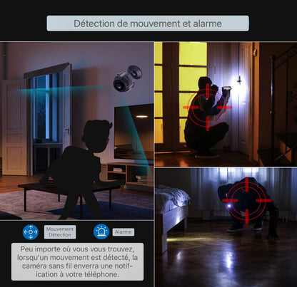 Mini Caméra WiFi, Caméra de sécurité WiFi HD 1080P avec détection de mouvement de vision nocturne 160° grand angle prend en charge la carte SD de 128 Go