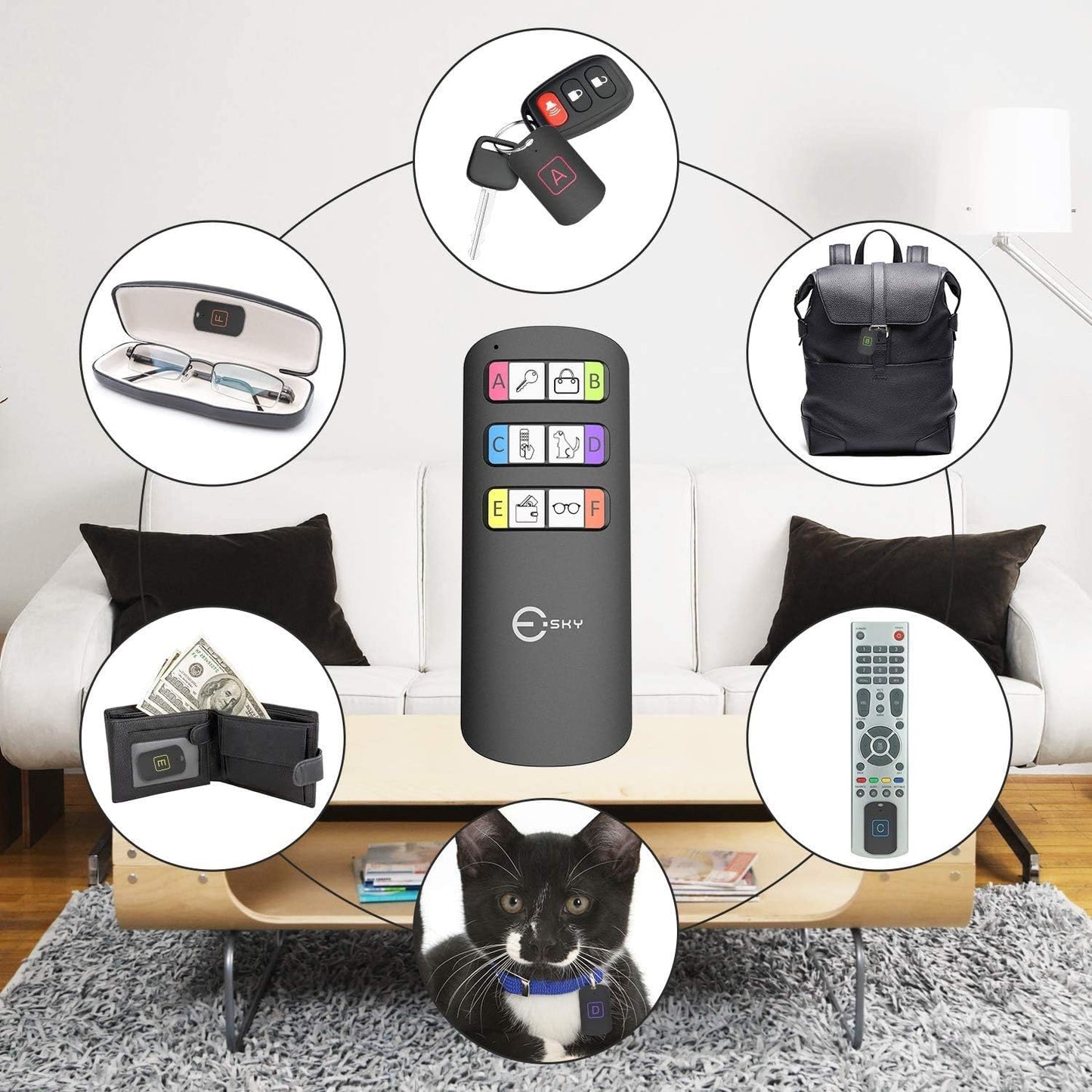 Esky Key Finder, détecteur de clés sans fil avec 6 récepteurs, RF Object Finder, Article Tracker, Animal de compagnie Tracker, Portefeuille Tracker, Bonne idée pour retrouver vos objets perdus
