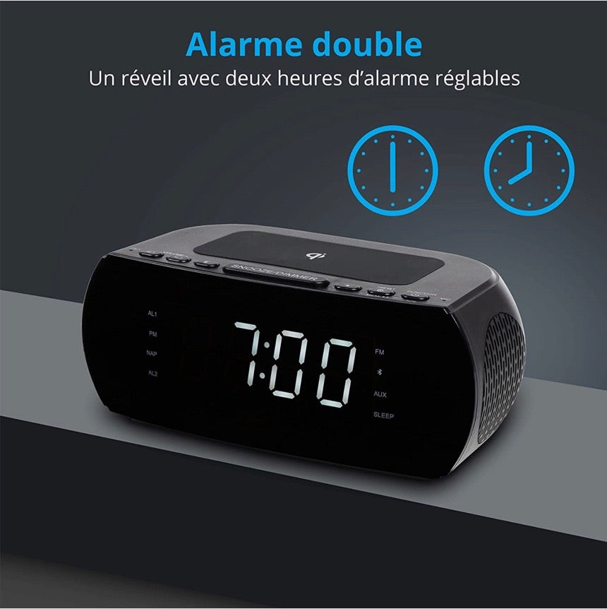 Radio-réveil avec Station de Charge sans Fil, Qi Pad de Charge Rapide iPhone Samsung, Bluetooth