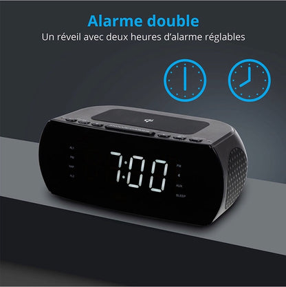 Radio-réveil avec Station de Charge sans Fil, Qi Pad de Charge Rapide iPhone Samsung, Bluetooth