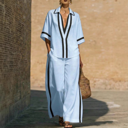 Ensemble "City-Chic" – Duo Haut Color-Block & Pantalon Palazzo à Jambes Larges