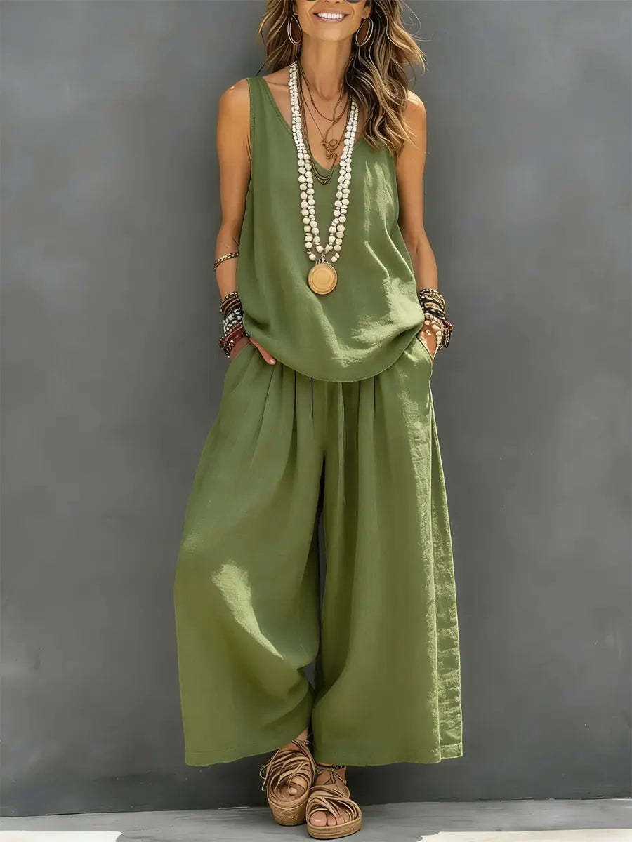 Débardeur décontracté sans manches de couleur unie pour femmes et pantalon à lambes larges Ensemble en lin de coton pour vêtements de tous les jours Tenue de vacances