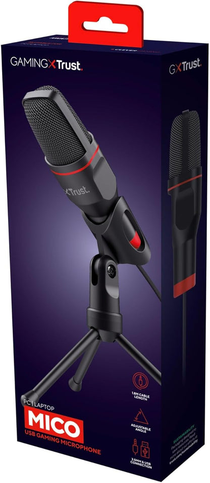 Trust Gaming GXT 212 Mico Microphone USB (Micro PC avec Connexions 3,5 mm et USB, Câble de 1,80 m, sur Trépied) Noir