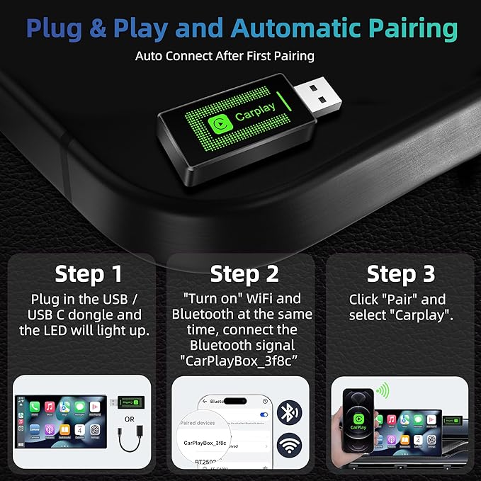 Adaptateur Carplay sans Fil pour iPhone, Mise à Niveau 2024, clé USB CarPlay, Facile à Brancher et à Jouer, Compatible avec Les Voitures à partir de 2016 et iPhone iOS 10+