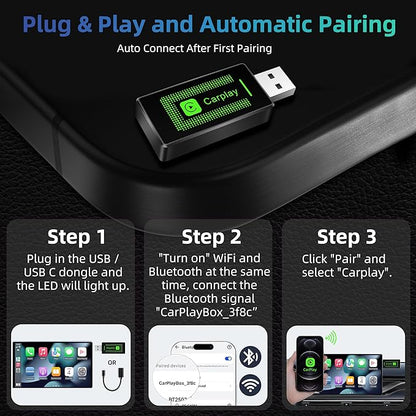Adaptateur Carplay sans Fil pour iPhone, Mise à Niveau 2024, clé USB CarPlay, Facile à Brancher et à Jouer, Compatible avec Les Voitures à partir de 2016 et iPhone iOS 10+