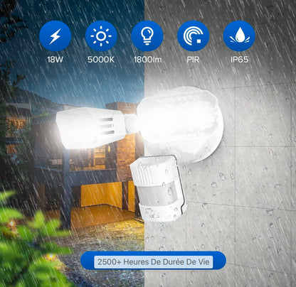 Projecteur LED avec détecteur de mouvement extérieur, lampe d'extérieur à LED 1800LM avec 2 têtes réglables, lumière de sécurité super brillante 5000K, éclairage étanche IP65 pour garage, jardin, blanc [classe énergétique E]