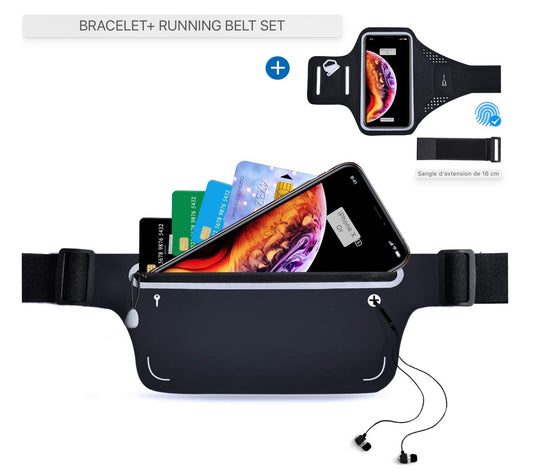 Ensemble de bracelet de sac de hanche de sport, ensemble de sac de course de sport et de bracelet pour smartphones ceinture de course de jogging, sac banane femme homme, avec porte-clé, trou pour casque et bande d'extension - Noir