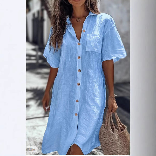 Robe Chemise "Elegance-Flow" – Coupe Ample, Col à Revers & Boutonnage Classique
Le chic minimaliste pour un été tout en confort