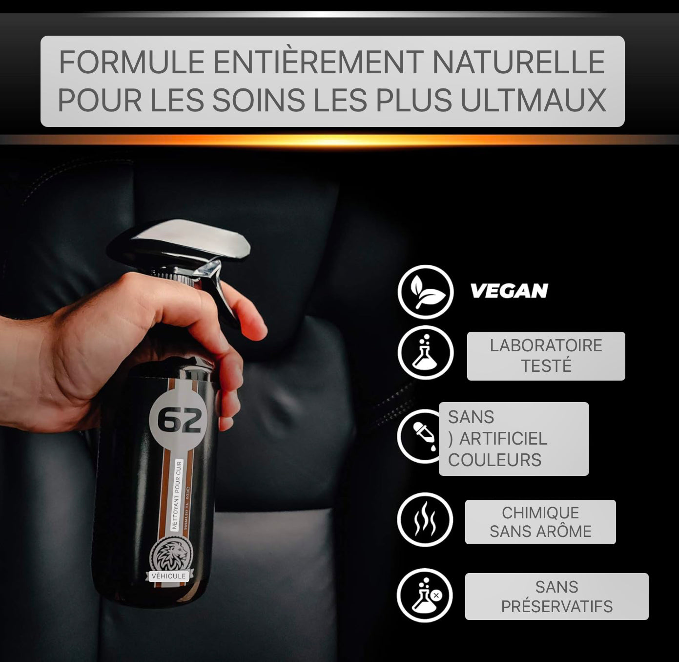 Nettoyant pour voiture pour l'entretien du cuir VEHICULUX pour des sièges en cuir propres - en tant qu'entretien du cuir pour voiture, il assure un nettoyage complet et fiable du cuir, produit d'entretien du cuir pour voiture, nettoyage du cuir pour voitu