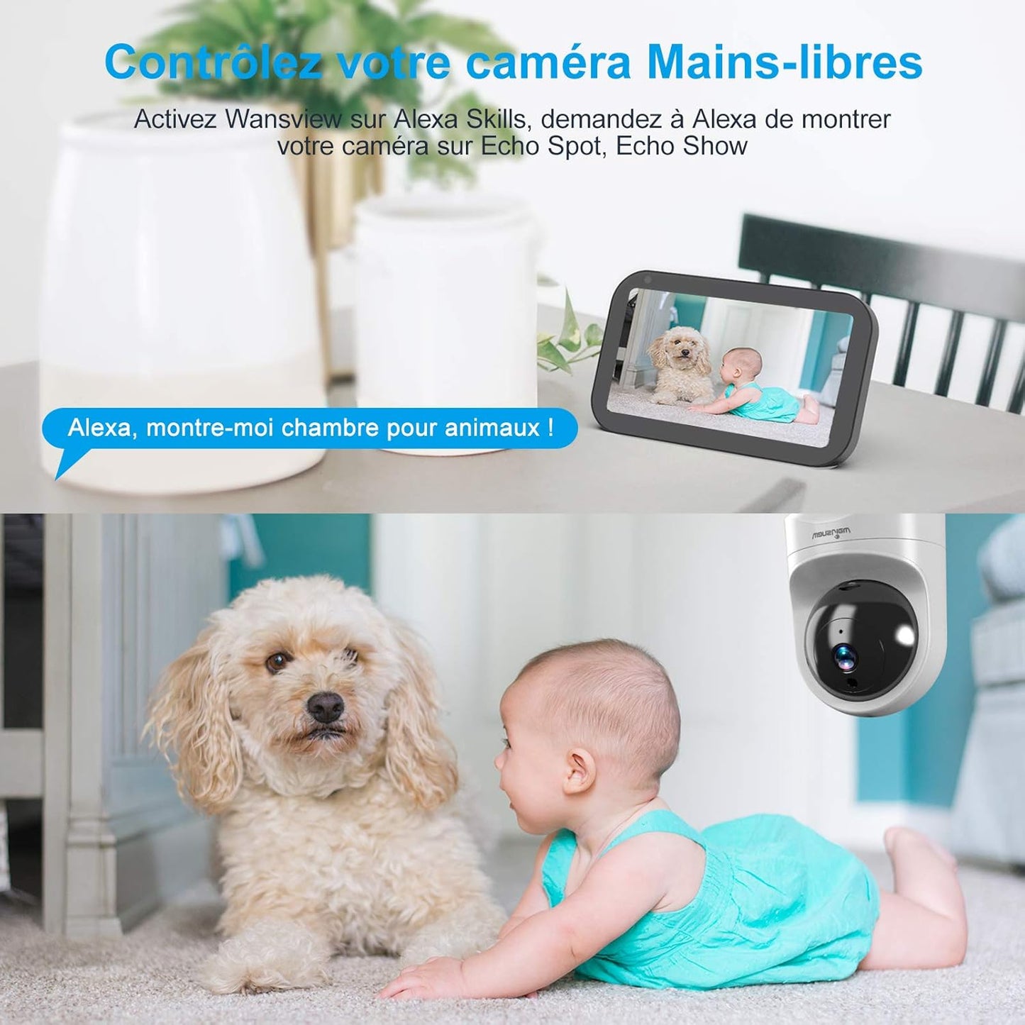 Caméra de surveillance wansview intérieure, caméra IP WLAN 2K pour bébé, animal de compagnie avec zone de confidentialité, audio bidirectionnel, WiFi 2,4 GHz, compatible avec Alexa Q6