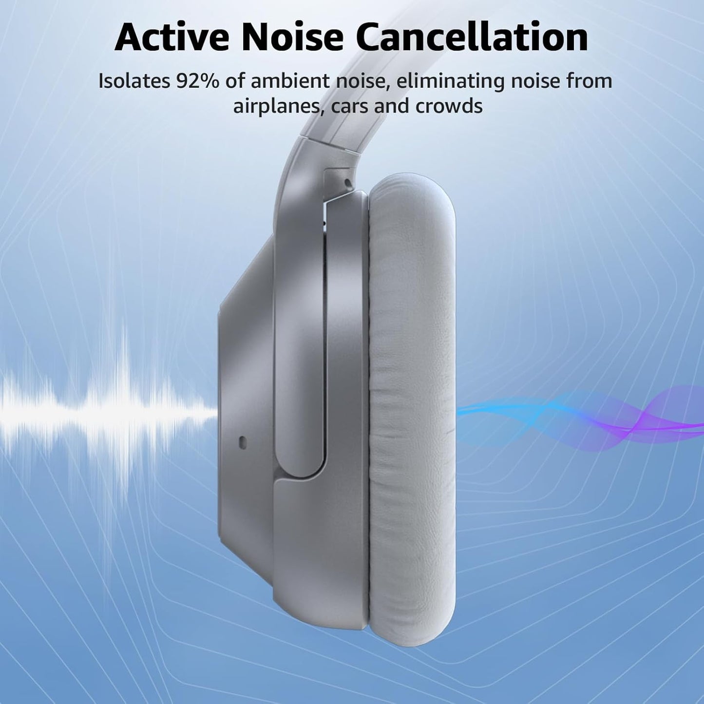 Casque Bluetooth sans Fil Reducteur de Bruit Active, Casque Anti Bruit Bluetooth 5.2, 75 Heures de Récréation, Audio Hi-Res, Confortable, Pliable, pour Voyage/Maison/Travail (Argent)